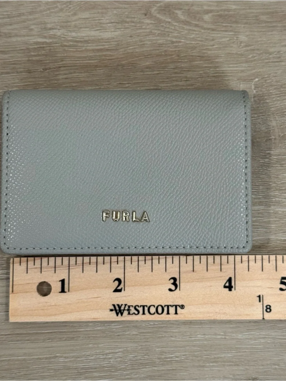 Furla Light Gray Leather Trifold Card Holder with Gold Logo